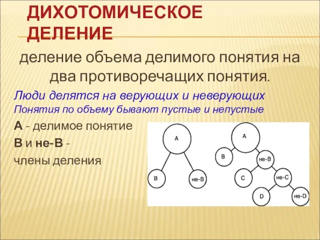 ДИХОТОМИЧЕСКОЕ ДЕЛЕНИЕ деление объема делимого понятия на два противоречащих понятия.