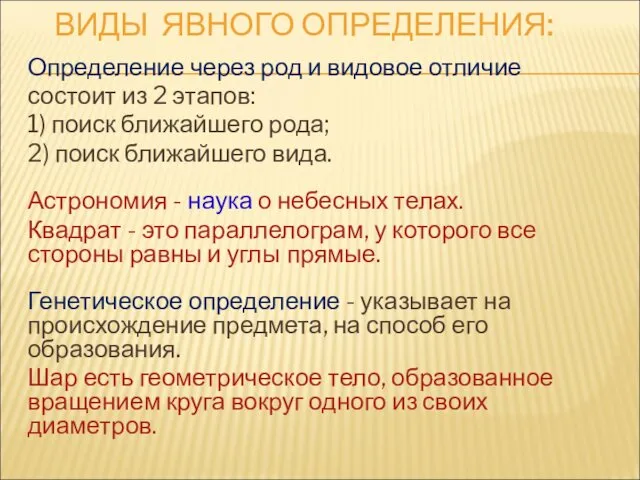 ВИДЫ ЯВНОГО ОПРЕДЕЛЕНИЯ: Определение через род и видовое отличие состоит