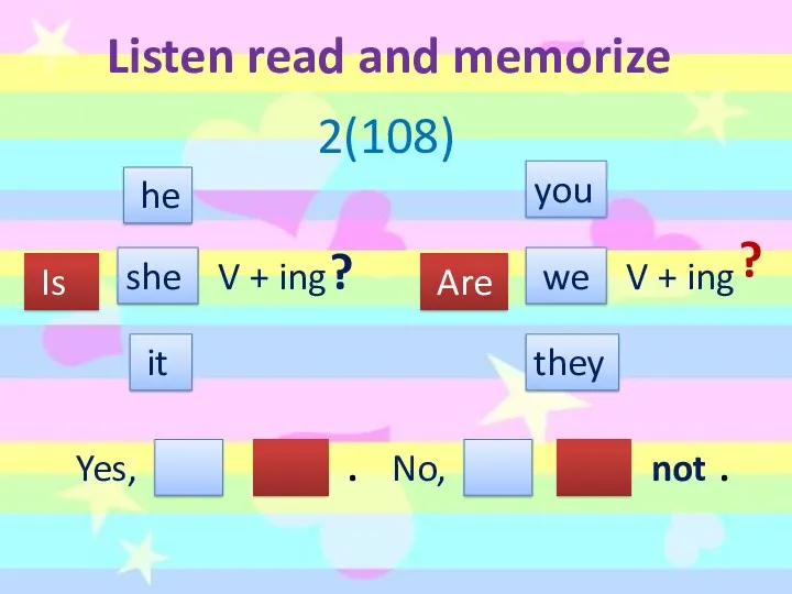 Listen read and memorize Is he she it Are you we they V