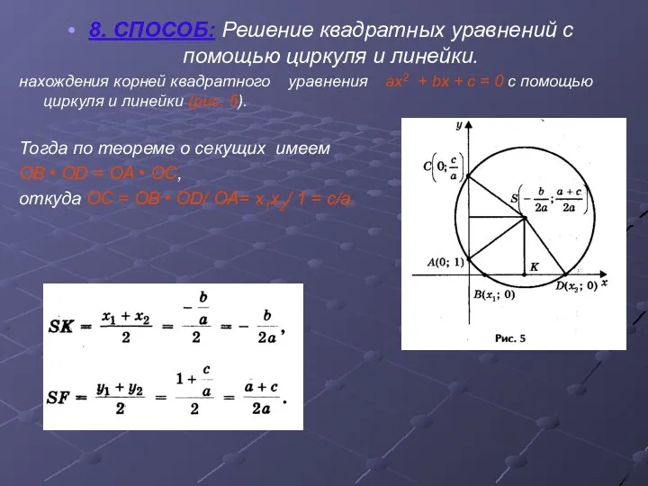8. СПОСОБ: Решение квадратных уравнений с помощью циркуля и линейки. нахождения корней квадратного