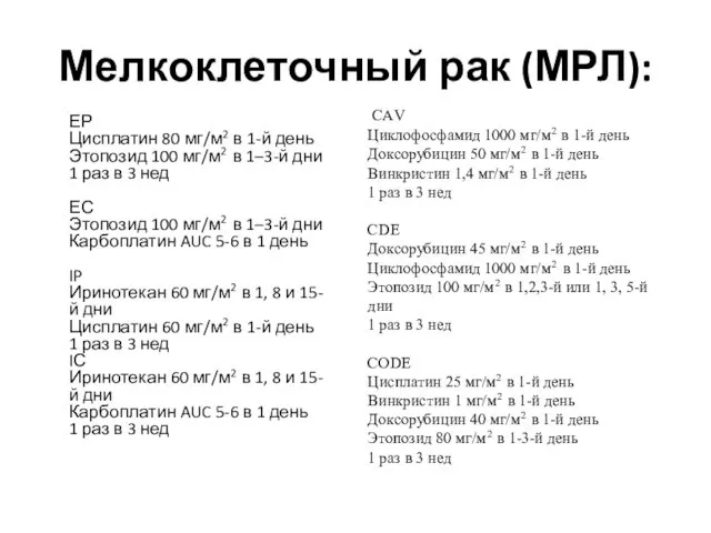 Мелкоклеточный рак (МРЛ): ЕР Цисплатин 80 мг/м2 в 1-й день