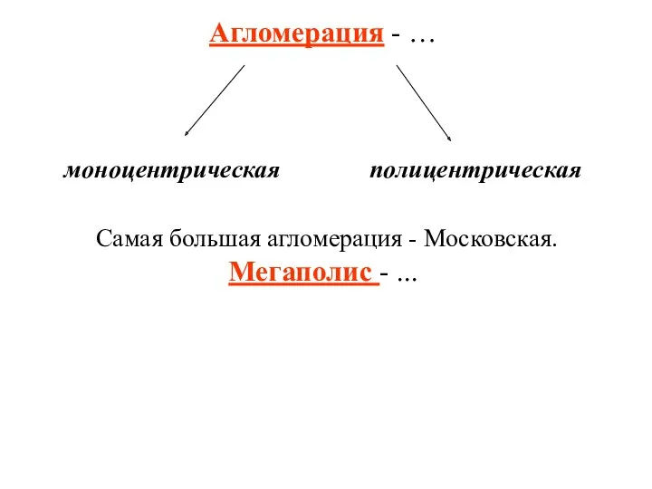 Агломерация - … моноцентрическая полицентрическая Самая большая агломерация - Московская. Мегаполис - ...