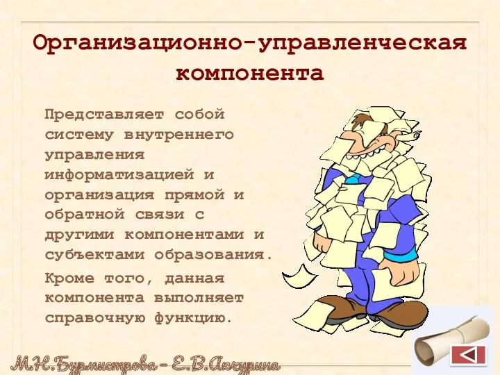 Организационно-управленческая компонента Представляет собой систему внутреннего управления информатизацией и организация