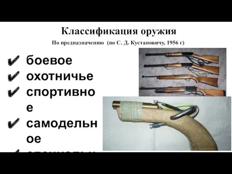 Классификация оружия По предназначению (по С. Д. Кустановичу, 1956 г) боевое охотничье спортивное самодельное специальное
