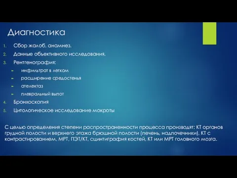 Диагностика Сбор жалоб, анамнез. Данные объективного исследования. Рентгенография: инфильтрат в