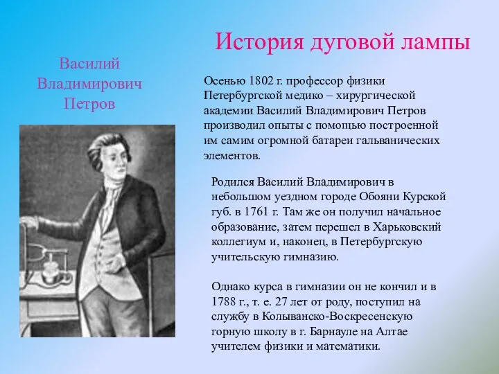 История дуговой лампы Осенью 1802 г. профессор физики Петербургской медико