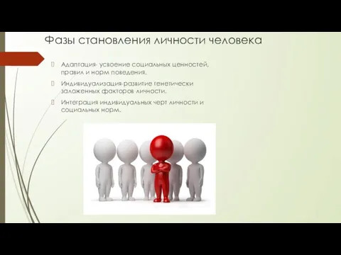 Фазы становления личности человека Адаптация- усвоение социальных ценностей, правил и