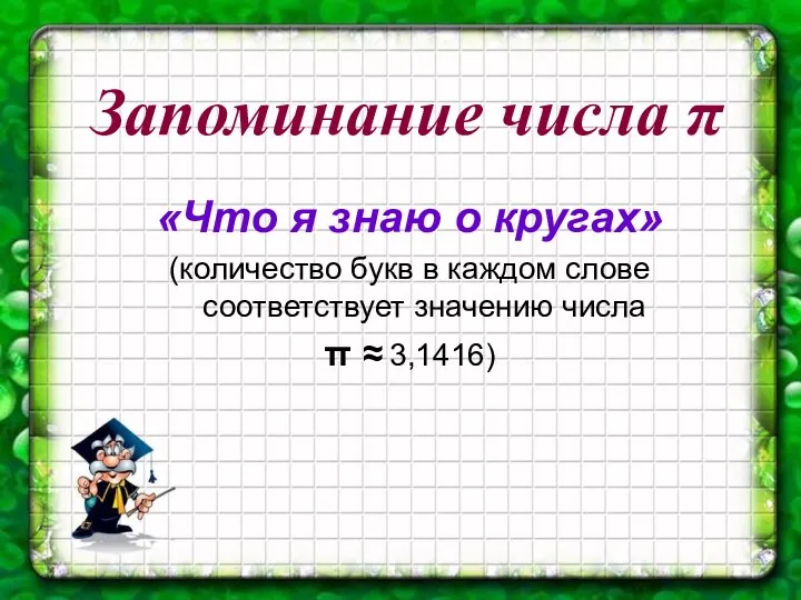 Запоминание числа π «Что я знаю о кругах» (количество букв