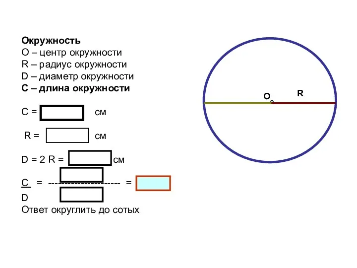 Окружность О – центр окружности R – радиус окружности D