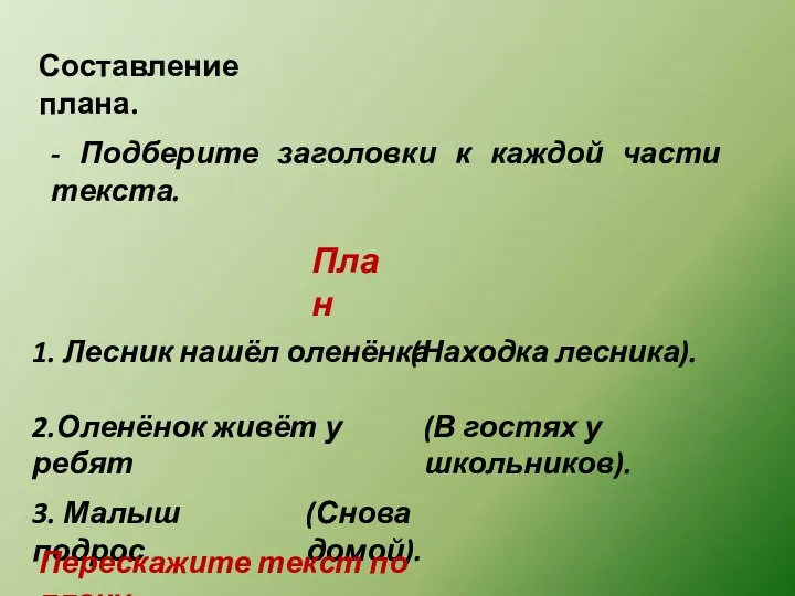 Составление плана. - Подберите заголовки к каждой части текста. План