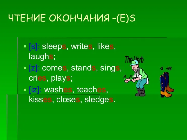 ЧТЕНИЕ ОКОНЧАНИЯ –(E)S [s]: sleeps, writes, likes, laughs; [z]: comes,