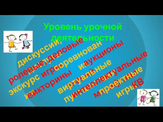 Уровень урочной деятельности дискуссии, диспуты ролевые, деловые игры экскурсии соревнования