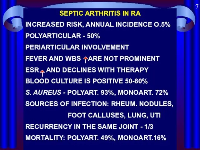 SEPTIC ARTHRITIS IN RA INCREASED RISK, ANNUAL INCIDENCE O.5% POLYARTICULAR