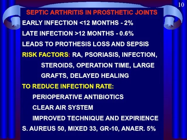 SEPTIC ARTHRITIS IN PROSTHETIC JOINTS EARLY INFECTION LATE INFECTION >12