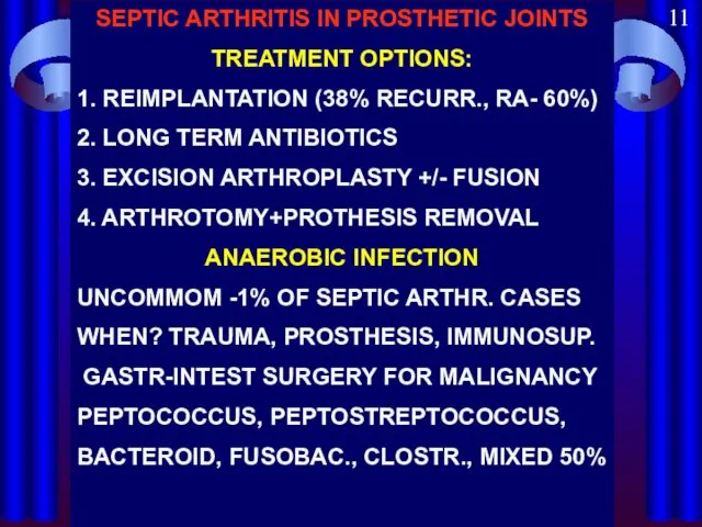 SEPTIC ARTHRITIS IN PROSTHETIC JOINTS TREATMENT OPTIONS: 1. REIMPLANTATION (38%