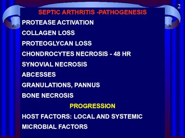 SEPTIC ARTHRITIS -PATHOGENESIS PROTEASE ACTIVATION COLLAGEN LOSS PROTEOGLYCAN LOSS CHONDROCYTES