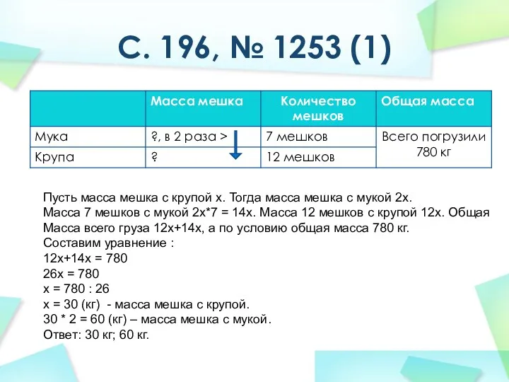 С. 196, № 1253 (1) Пусть масса мешка с крупой