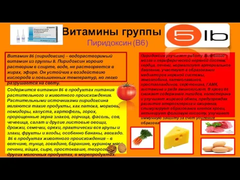 Витамины группы B Пиридоксин (B6) Витамин B6 (пиридоксин) – водорастворимый