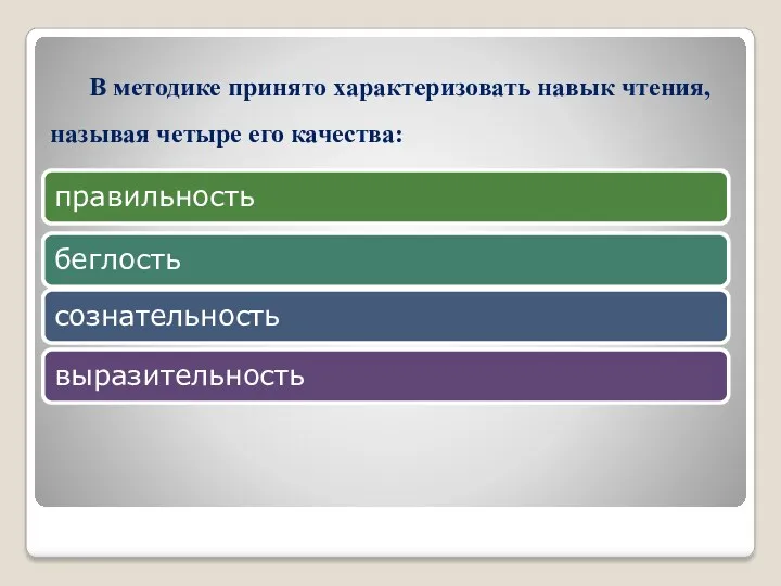 В методике принято характеризовать навык чтения, называя четыре его качества: