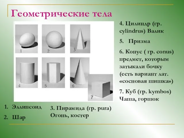 Геометрические тела 4. Цилиндр (гр. cylindrus) Валик 5. Призма 6. Конус ( гр.