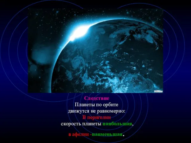 Следствие Планеты по орбите движутся не равномерно: В перигелии скорость планеты наибольшая, в афелии -наименьшая.