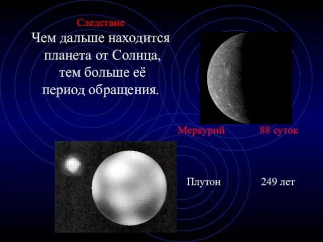 Следствие Чем дальше находится планета от Солнца, тем больше её