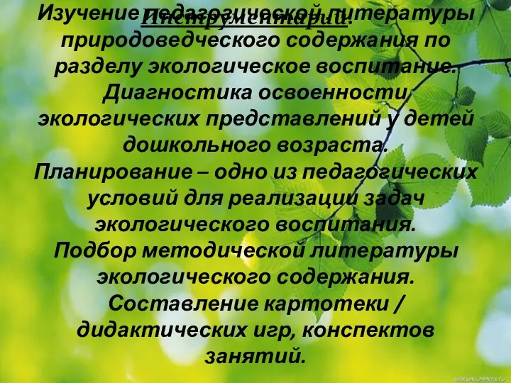 Изучение педагогической литературы природоведческого содержания по разделу экологическое воспитание. Диагностика