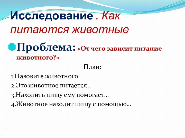 Исследование . Как питаются животные Проблема: «От чего зависит питание