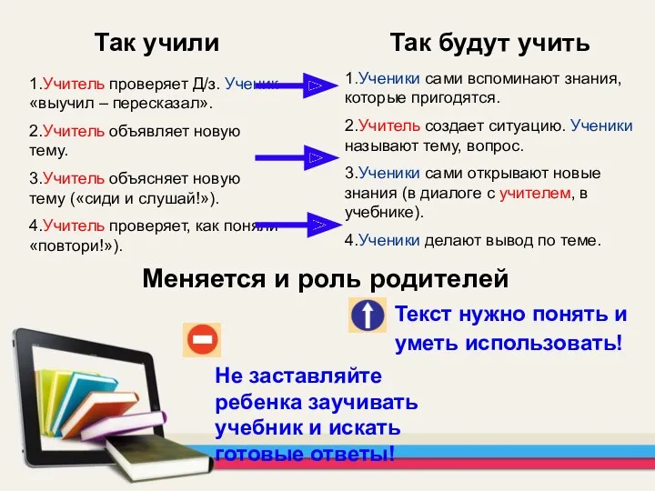 Так учили Так будут учить Не заставляйте ребенка заучивать учебник