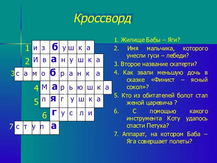 7 3 Кроссворд 1. Жилище Бабы – Яги? 2. Имя