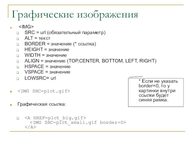 Графические изображения SRC = url (обязательный параметр) ALT = текст