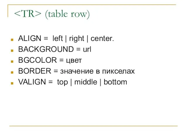 (table row) ALIGN = left | right | center. BACKGROUND