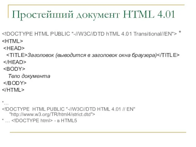 Простейший документ HTML 4.01 * Заголовок (выводится в заголовок окна