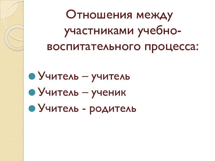 Отношения между участниками учебно-воспитательного процесса: Учитель – учитель Учитель – ученик Учитель - родитель