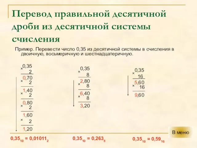 Перевод правильной десятичной дроби из десятичной системы счисления Пример. Перевести