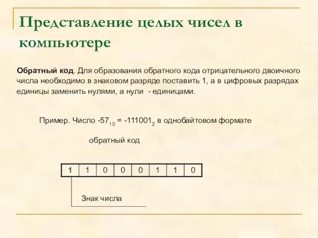 Представление целых чисел в компьютере Пример. Число -5710 = -1110012