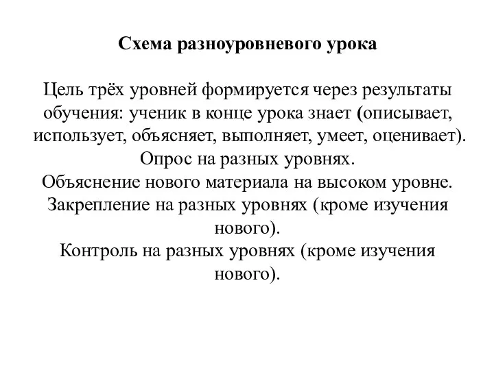 Схема разноуровневого урока Цель трёх уровней формируется через результаты обучения: