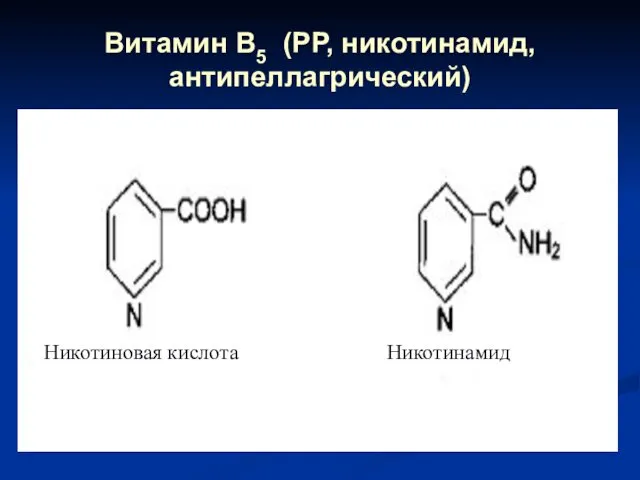 Витамин В5 (РР, никотинамид, антипеллагрический) Никотиновая кислота Никотинамид