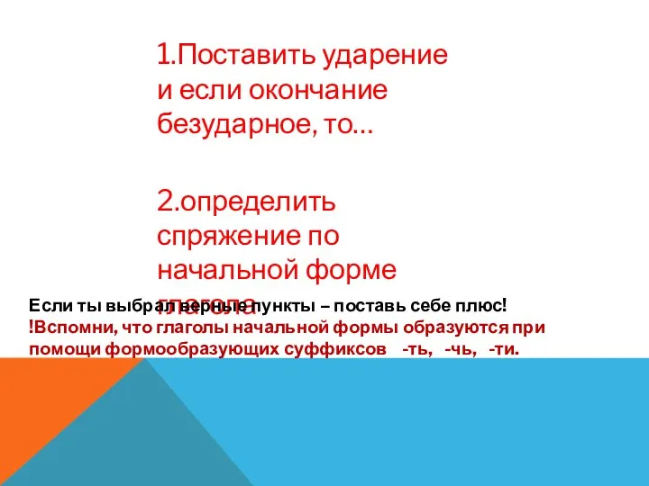 1.Поставить ударение и если окончание безударное, то… 2.определить спряжение по