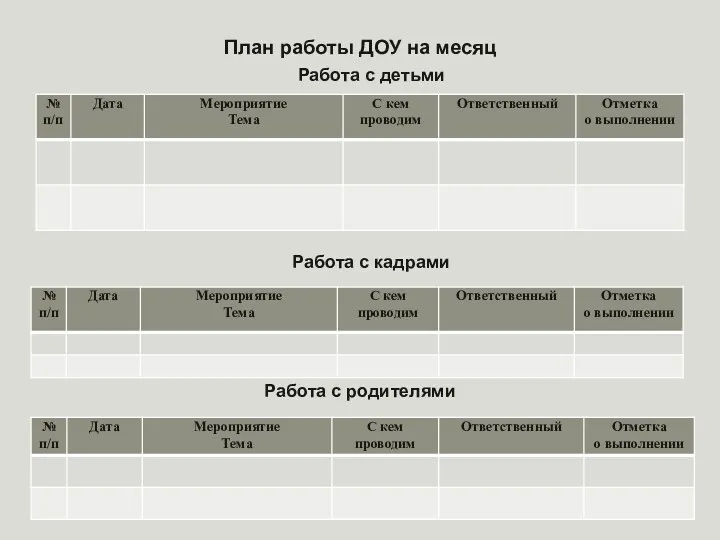 План работы ДОУ на месяц Работа с детьми Работа с кадрами Работа с родителями