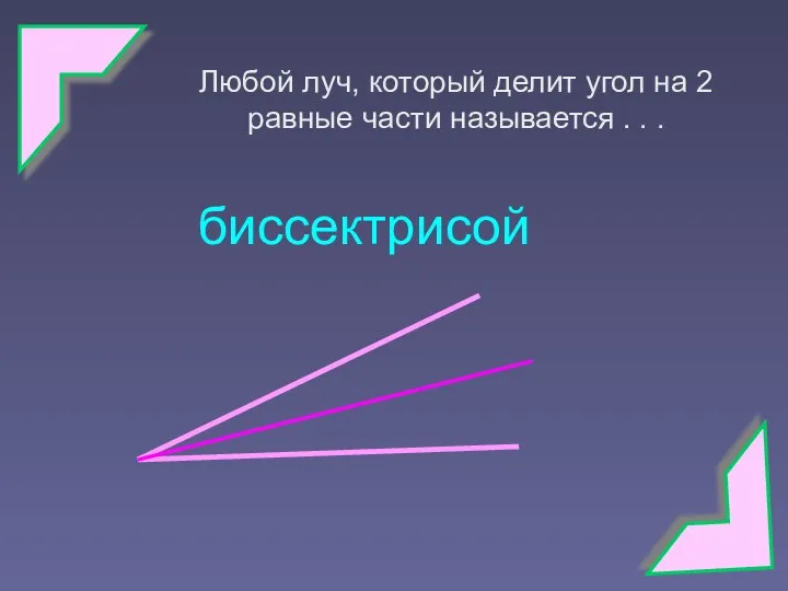 Любой луч, который делит угол на 2 равные части называется . . . биссектрисой