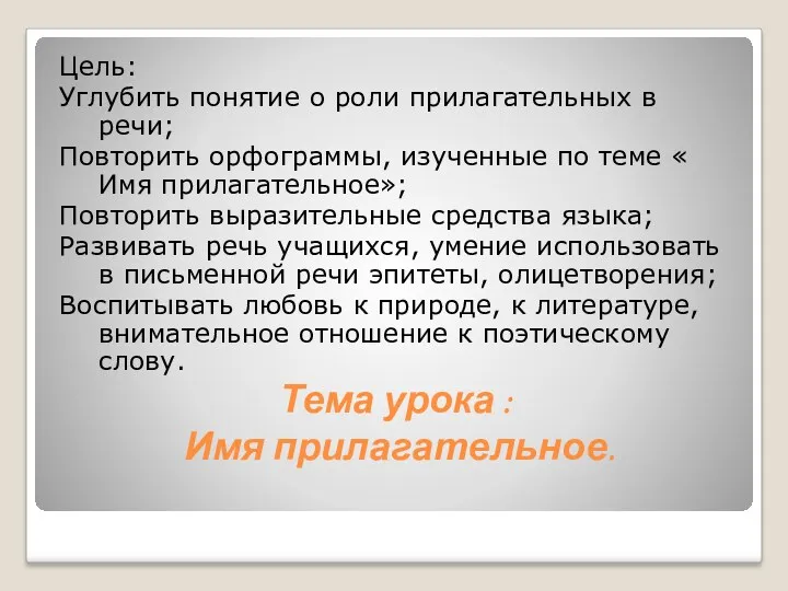 Тема урока : Имя прилагательное. Цель: Углубить понятие о роли