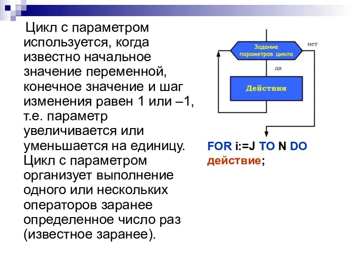 Цикл с параметром используется, когда известно начальное значение переменной, конечное