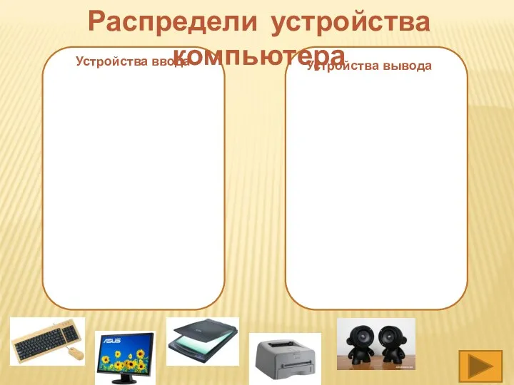 Устройства ввода Устройства вывода Распредели устройства компьютера