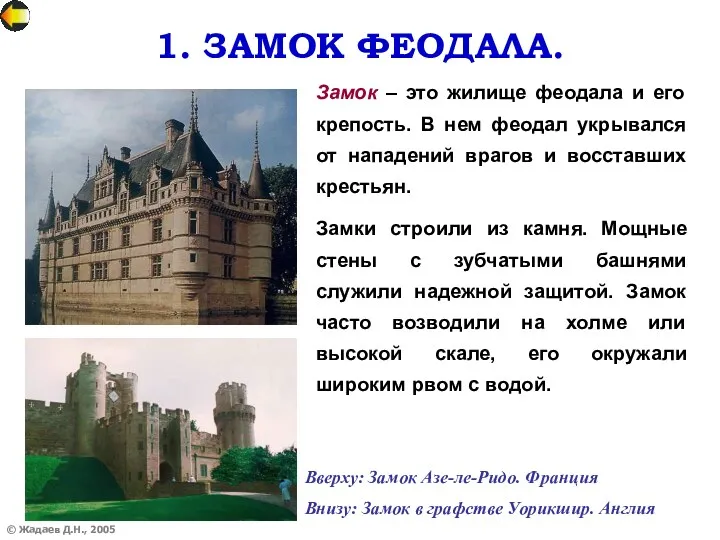 1. ЗАМОК ФЕОДАЛА. © Жадаев Д.Н., 2005 Замок – это жилище феодала и