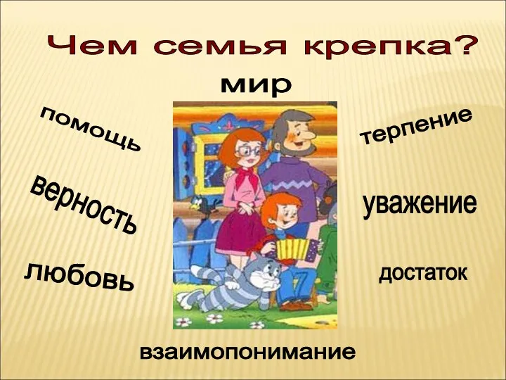 Чем семья крепка? любовь верность уважение взаимопонимание терпение мир достаток помощь