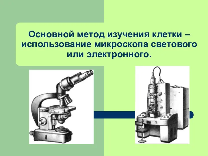 Основной метод изучения клетки – использование микроскопа светового или электронного.
