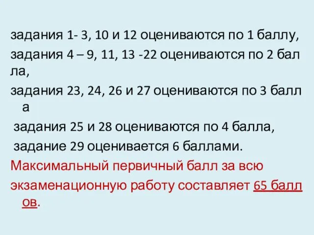 задания 1- 3, 10 и 12 оцениваются по 1 баллу, задания 4 –