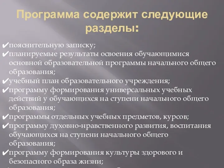 Программа содержит следующие разделы: пояснительную записку; планируемые результаты освоения обучающимися основной образовательной программы