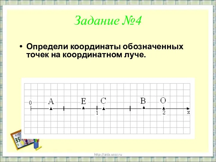 http://aida.ucoz.ru Задание №4 Определи координаты обозначенных точек на координатном луче.
